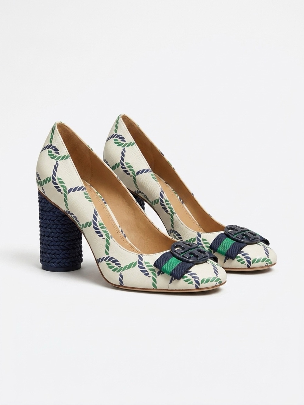 Unique Women's Tory Burch Nautical Print Rope Block Heel Pumps in White and Navy